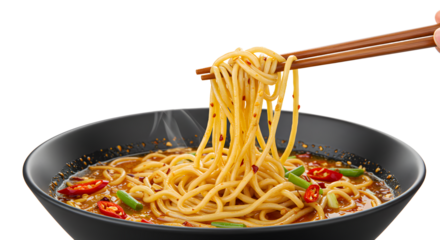 Close-up of Asian noodles with chili peppers in black bowl held by chopsticks isolated on white background, perfect for food menus and cooking blogs