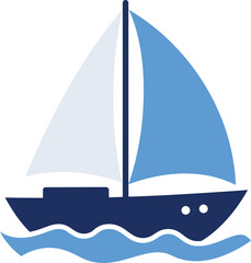 Simple blue sailboat icon gliding over a light blue wavy water surface