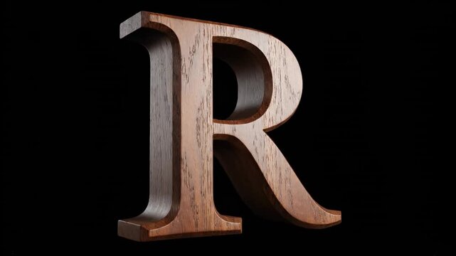 Wooden Letter R on Black Background - A detailed close-up shot of a capital letter R carved from rich, dark wood. The letter is set against a pure black background, highlighting its texture and grain.