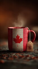 Red mug with Canadian flag design holding steaming tea on a textured surface
