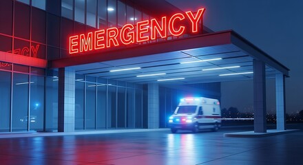 Ambulance at hospital emergency entrance Night scene exterior view Modern building Red neon sign