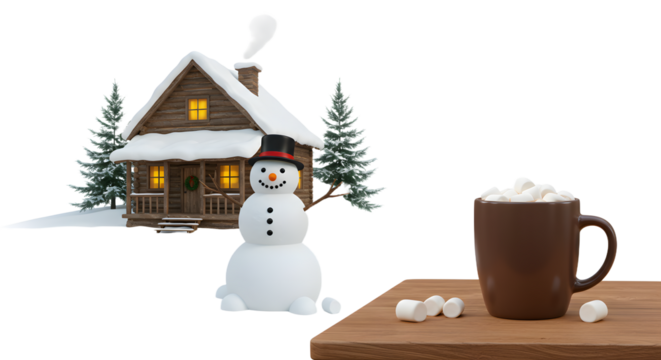 Cozy winter scene with snowman and wooden cabin covered in snow next to hot chocolate on wooden board perfect for holiday and winter designs