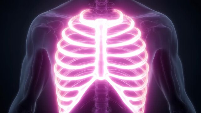 Futuristic Medical Anatomy Visualization of Human Skeleton and Rib Cage with Neon Effect and Dark Background
