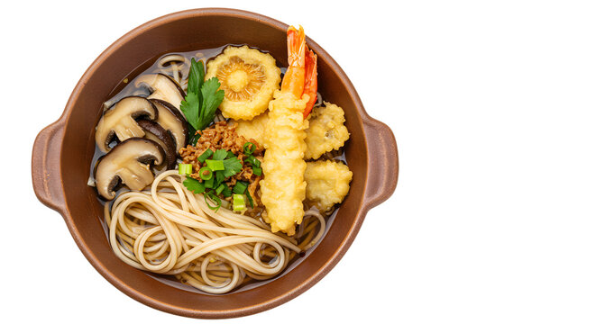 Delicious Japanese tempura udon noodle soup with shrimp, mushrooms, green onions, and parsley in ceramic bowl, perfect for Asian food menus