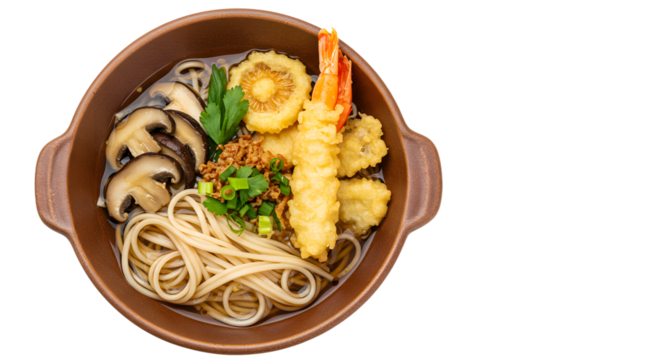Delicious Japanese tempura udon noodle soup with shrimp, mushrooms, green onions, and parsley in ceramic bowl, perfect for Asian food menus