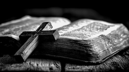 Old bible with wooden cross on wooden table in black and white