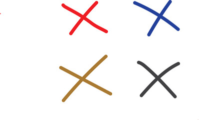Colorful Hand Drawn X Marks in Red, Blue, Brown, and Black on White Background
