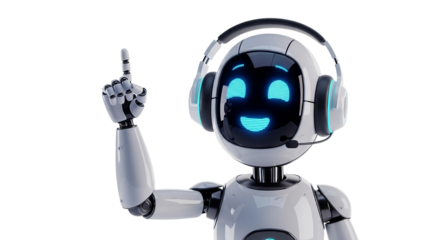 Friendly robot wearing headphones and holding up a finger