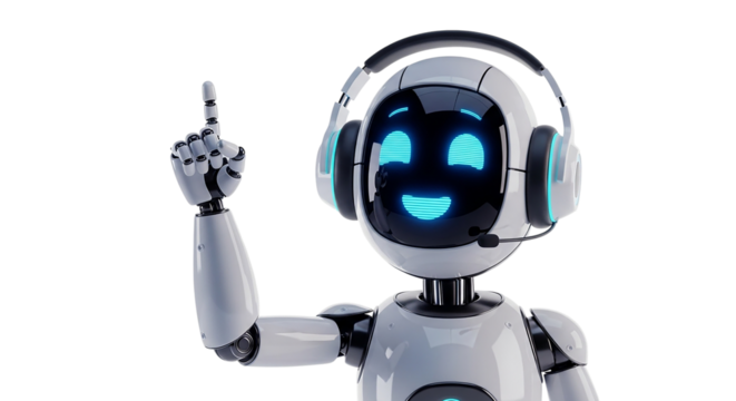 Friendly robot wearing headphones and holding up a finger
