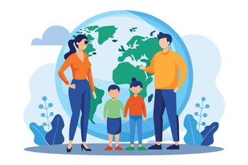 Family stands together in front of a colorful globe representing global education and awareness