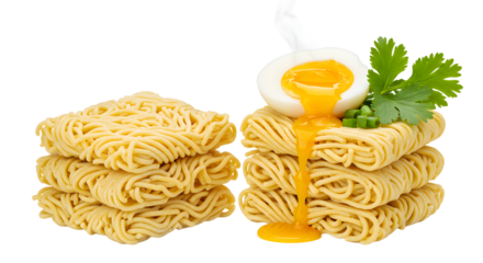 Fresh instant ramen noodle blocks with soft boiled egg and parsley on white background, perfect for food blogs and recipe content