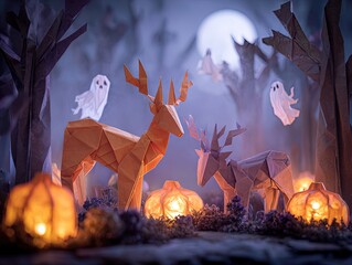 spooky halloween origami art: ghostly deer, glowing pumpkins, and flying bats – perfect for a hauntingly stylish interior poster!