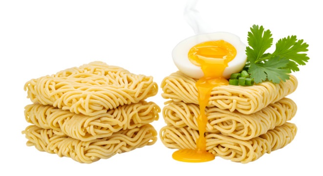 Fresh instant ramen noodle blocks with soft boiled egg and parsley on white background, perfect for food blogs and recipe content