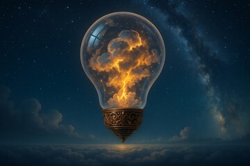 Glowing Light Bulb with Fiery Energy Inside Floating in Night Sky