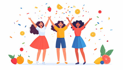 Three joyful women celebrating with arms raised, surrounded by colorful confetti and fresh fruit slices, embodying happiness and friendship.