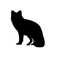 A clean, solid black silhouette of a fox sitting, against a plain white background.