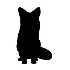 A clean, bold silhouette of a fox sitting, facing away from the viewer, against a plain white background.