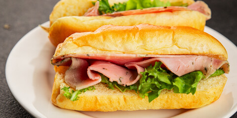 Ham sandwich green leaf salad, spam, meat snack vegetables natural product tasty tasty snack fresh delicious gourmet food background on the table rustic top view copy space