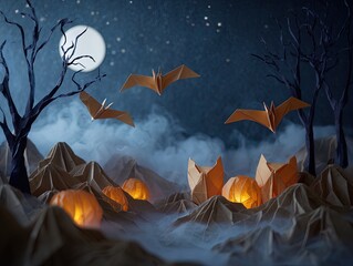enchanting origami halloween poster: folded bats, glowing jack-o-lanterns & ghostly owls create a spooky scene perfect for interior decor