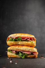 Ham sandwich green leaf salad, spam, meat snack vegetables natural product tasty tasty snack fresh delicious gourmet food background on the table rustic top view copy space