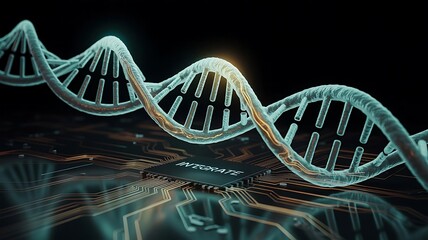 Glowing D N A helix over circuit board double helix