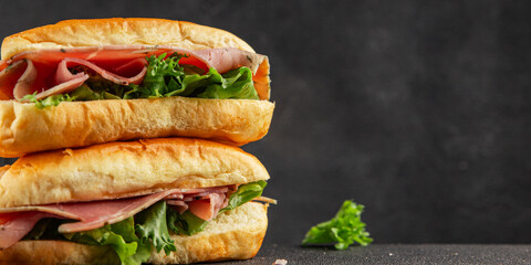 Ham sandwich green leaf salad, spam, meat snack vegetables natural product tasty tasty snack fresh delicious gourmet food background on the table rustic top view copy space