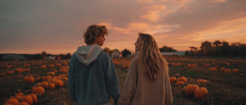 Couple walking pumpkin patch at sunset fall autumn season romantic date
