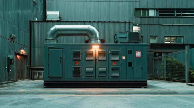 Industrial Generator Unit Operating with Intermittent Flashing Lights, Providing Essential Power, Robust Machinery in an Urban Service Area