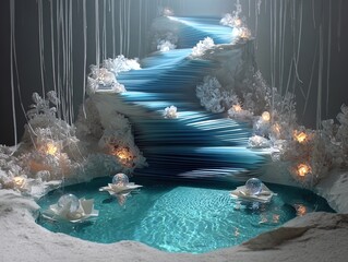 enchanting frozen paper ribbons waterfall: a cinematic high-realism poster for sports interiors, capturing shimmering details under pale light