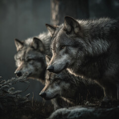 Fototapeta premium Pack of wolves showing animal strange behavior in dark forest setting with intense focus and alert expressions creating mysterious and captivating wildlife scene