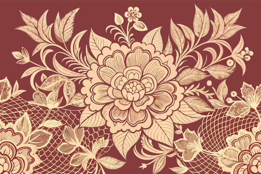 Beautiful floral design features intricate patterns on a deep red background