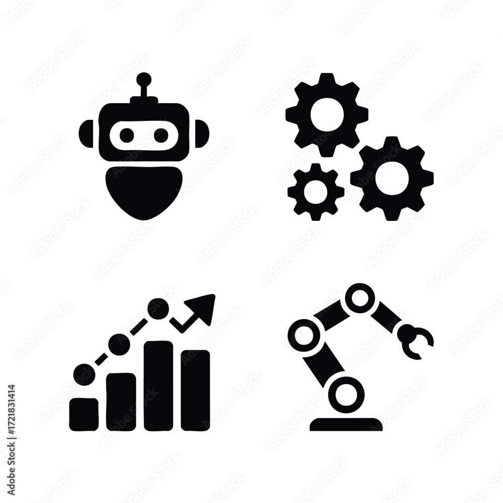 Poster a set of 4 ai in business icons chatbot, automation gears, predictive analytics chart, robot arm.