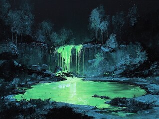 enigmatic ink waterfall: a striking poster for contemporary interiors, featuring streams of black ink dripping into a green-lit pond