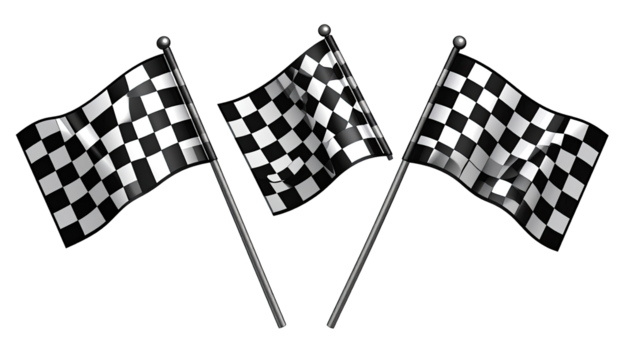 Three checkered racing flags waving