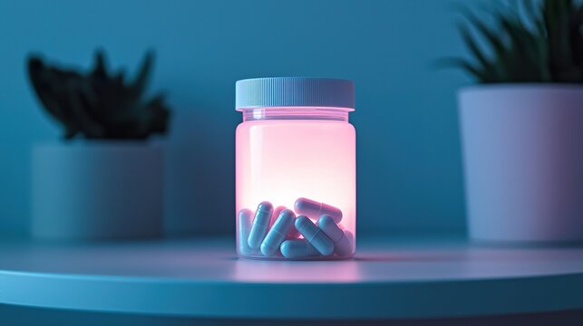 Personalized medication reminder device glowing subtly on a bedside table, clear interface, adherence support, health management 