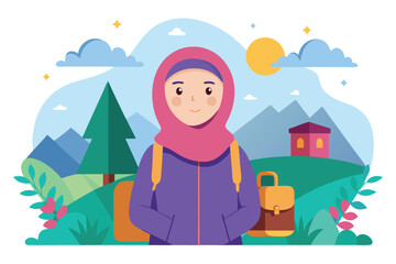 Outdoor adventure with a girl in a hijab surrounded by mountains and trees during a sunny day