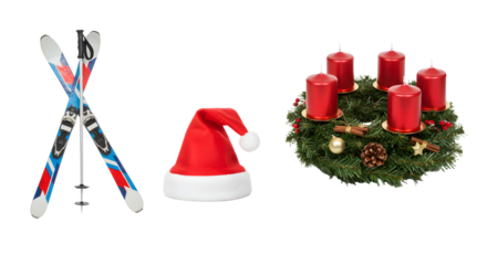 Pair of colorful skis with poles, red Santa Claus hat, and Christmas wreath with four red candles and pine cones, perfect for winter holiday decor and festive celebrations