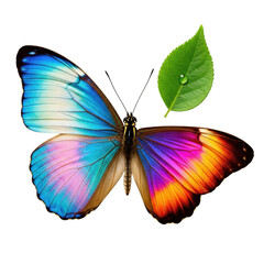 Obraz premium A vibrant iridescent butterfly with colorful wings and detailed body, next to an emerald leaf with a dewdrop, on a transparent background, top-down macro flat lay, concept of natural beauty and
