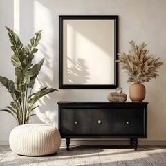 Retro-inspired stylish living room interior with black mock-up frame, cozy sofa, and vintage home accessories, modern living room