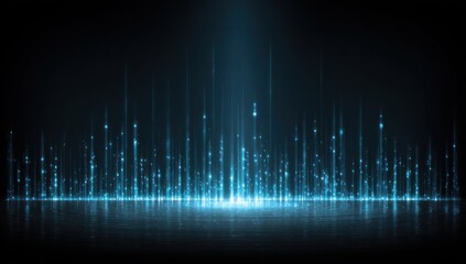 A dynamic, light-blue graphic design showcases vertical light beams against a dark background.
