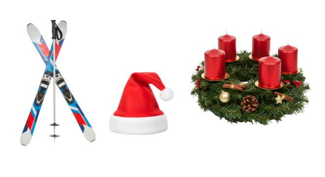 Pair of colorful skis with poles, red Santa Claus hat, and Christmas wreath with four red candles and pine cones, perfect for winter holiday decor and festive celebrations