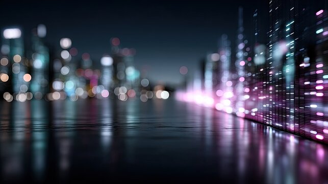 Abstract Blue Purple Futuristic Cityscape with Glowing Particles and Reflections
