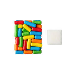 Vibrant red, green, blue, yellow, orange bar sprinkles clustered beside a transparent sugar cube on a seamless transparent background, top-down commercial food photography concept