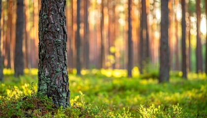 Pine forest bathed in golden sunlight