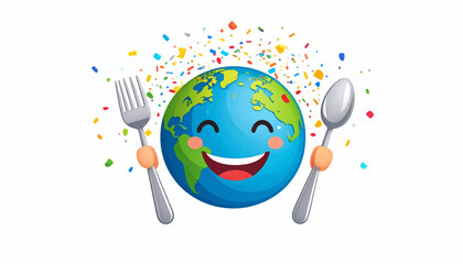 Happy cartoon Earth character holding a fork and spoon with colorful confetti, symbolizing global food, celebration, and sustainable eating for a healthy planet