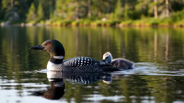 Common Loon with Chick on Serene Lake - A common loon swims peacefully on a calm lake with its chick nestled closely beside it.