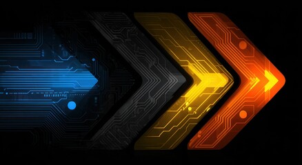 Three layered arrows, glowing with vibrant orange and blue light, emerge from a dark circuit board background.