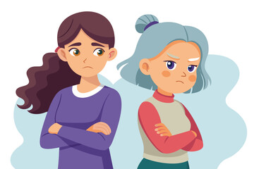 Fototapeta premium Two girls with different expressions stand back to back in a colorful illustration, showing contrasting emotions