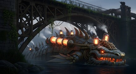Fearsome mechanical sea dragon with glowing furnaces emerges from the dark waters beneath a vintage industrial arch bridge