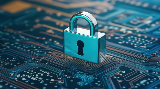 A digital padlock sits on a circuit board background, symbolizing cybersecurity and data protection in a technological environment.